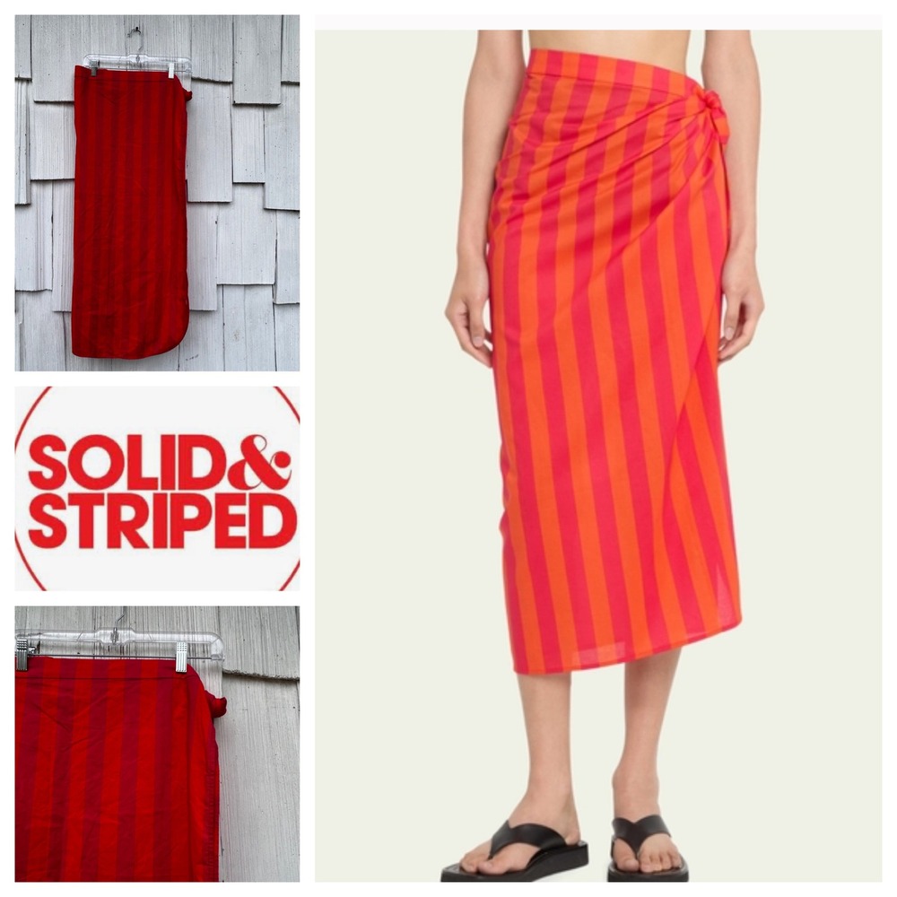 SOLID & STRIPED Red Coral Orange Stripe The Long Wrap Pareo Beach Skirt XS S